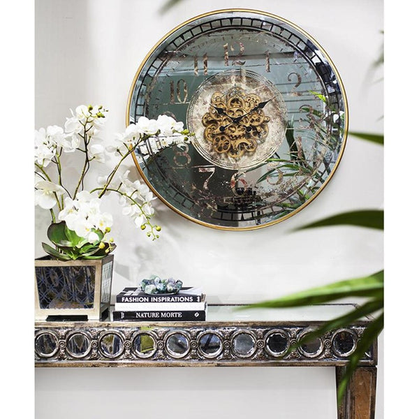 HomeRoots 32" Industrial Vintage Wall Clock with Gold & Silver Metal, Mirror Face, and Exposed Gear Design 485974