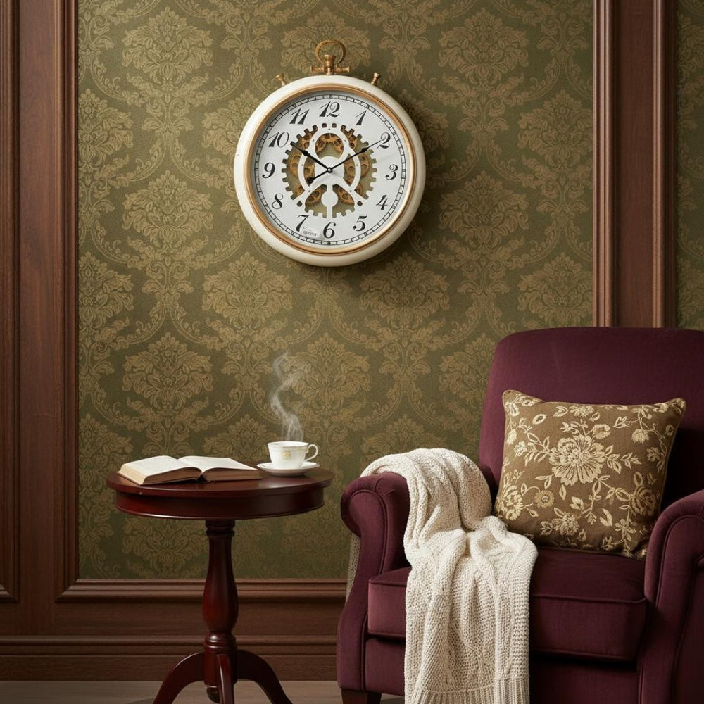 HomeRoots 21" White and Gold Industrial Exposed Gear Pocket Watch Wall Clock - Elegant Decor for Any Room 485975
