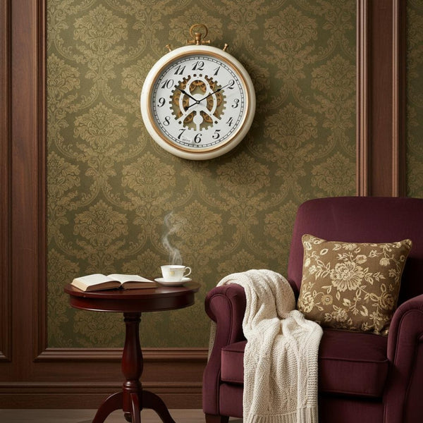 HomeRoots 21" White and Gold Industrial Exposed Gear Pocket Watch Wall Clock - Elegant Decor for Any Room 485975