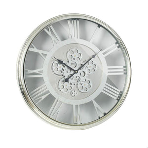 Homeroots 21" Circle Silver Metal And Glass Analog Exposed Gear Wall Clock  Iron 485976