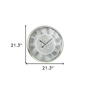 Homeroots 21" Circle Silver Metal And Glass Analog Exposed Gear Wall Clock  Iron 485976