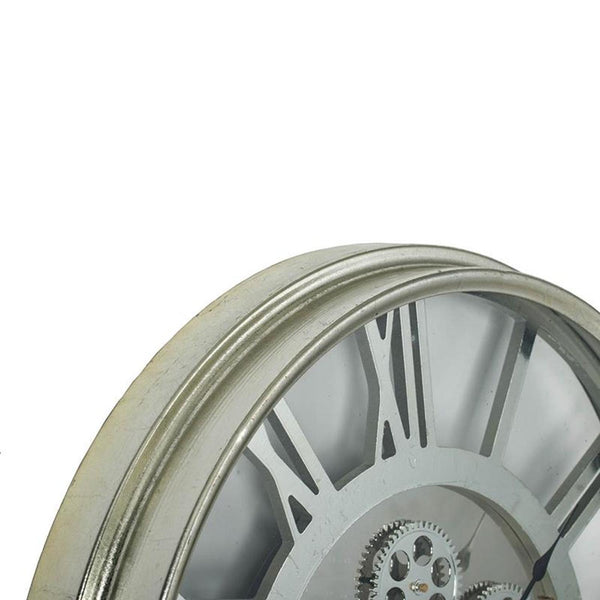 Homeroots 21" Circle Silver Metal And Glass Analog Exposed Gear Wall Clock  Iron 485976