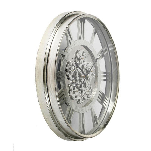 Homeroots 21" Circle Silver Metal And Glass Analog Exposed Gear Wall Clock  Iron 485976