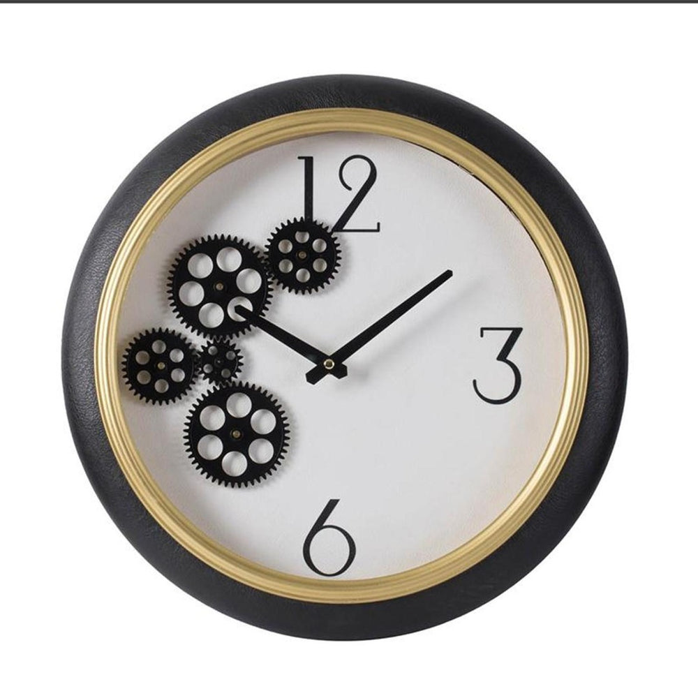HomeRoots 16" Stylish Black Gold White Faux Leather Industrial Round Wall Clock with Exposed Gears & Glass Face 485977