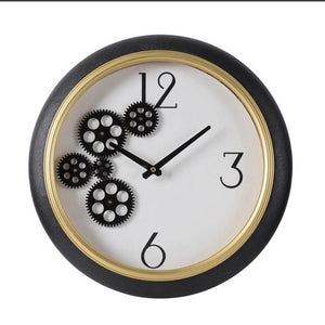 HomeRoots 16" Stylish Black Gold White Faux Leather Industrial Round Wall Clock with Exposed Gears & Glass Face 485977