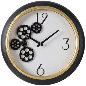 HomeRoots 16" Stylish Black Gold White Faux Leather Industrial Round Wall Clock with Exposed Gears & Glass Face 485977