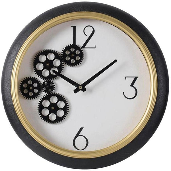 HomeRoots 16" Stylish Black Gold White Faux Leather Industrial Round Wall Clock with Exposed Gears & Glass Face 485977