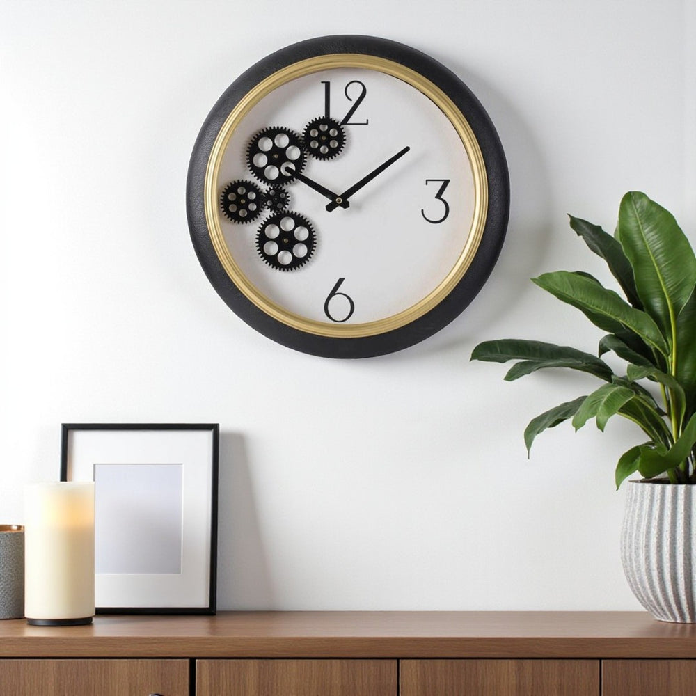 HomeRoots 16" Stylish Black Gold White Faux Leather Industrial Round Wall Clock with Exposed Gears & Glass Face 485977
