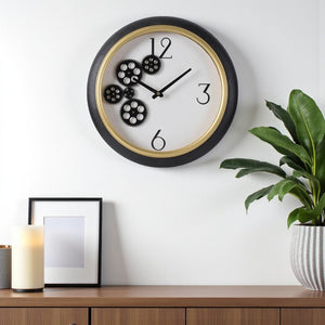 HomeRoots 16" Stylish Black Gold White Faux Leather Industrial Round Wall Clock with Exposed Gears & Glass Face 485977
