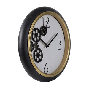 HomeRoots 16" Stylish Black Gold White Faux Leather Industrial Round Wall Clock with Exposed Gears & Glass Face 485977