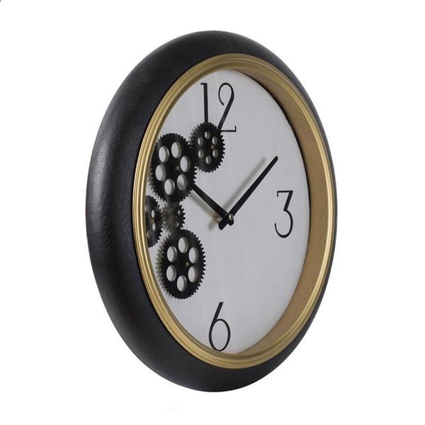 HomeRoots 16" Stylish Black Gold White Faux Leather Industrial Round Wall Clock with Exposed Gears & Glass Face 485977