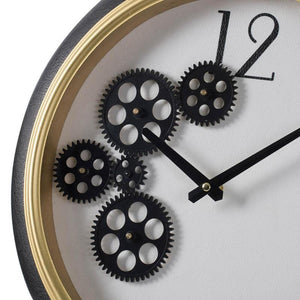 HomeRoots 16" Stylish Black Gold White Faux Leather Industrial Round Wall Clock with Exposed Gears & Glass Face 485977
