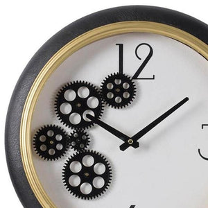 HomeRoots 16" Stylish Black Gold White Faux Leather Industrial Round Wall Clock with Exposed Gears & Glass Face 485977
