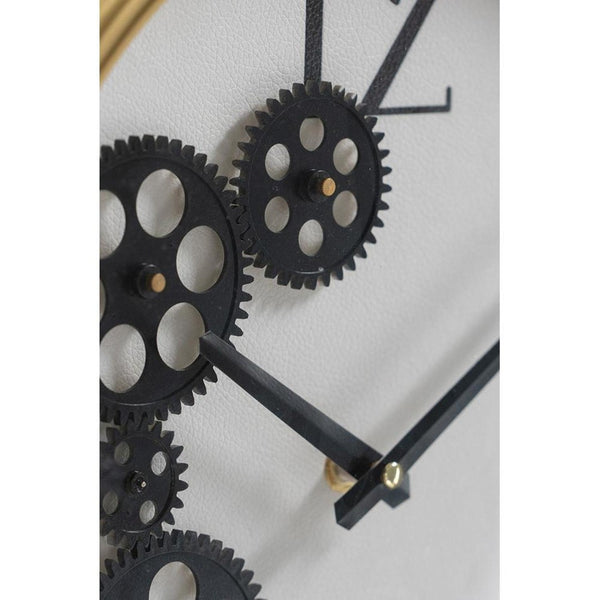 HomeRoots 16" Stylish Black Gold White Faux Leather Industrial Round Wall Clock with Exposed Gears & Glass Face 485977
