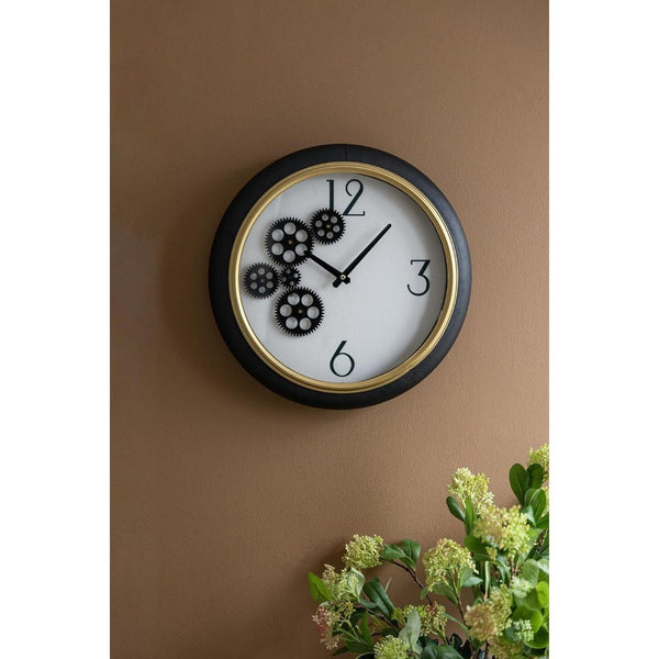 HomeRoots 16" Stylish Black Gold White Faux Leather Industrial Round Wall Clock with Exposed Gears & Glass Face 485977