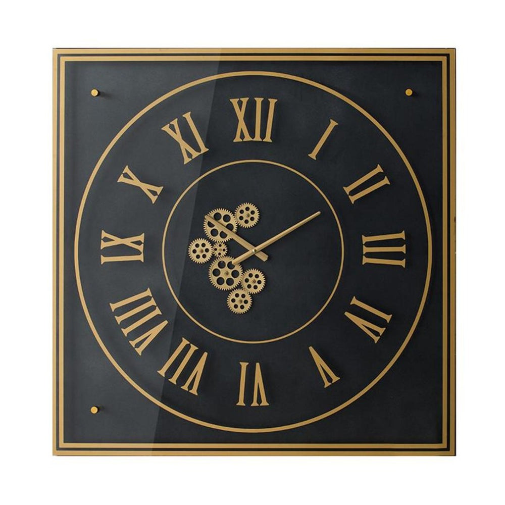 HomeRoots 35" Industrial Black and Gold Square Wall Clock with Exposed Gears - Modern Decor for Any Space 485978