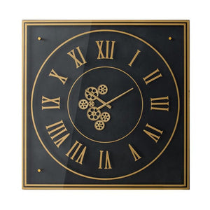 HomeRoots 35" Industrial Black and Gold Square Wall Clock with Exposed Gears - Modern Decor for Any Space 485978