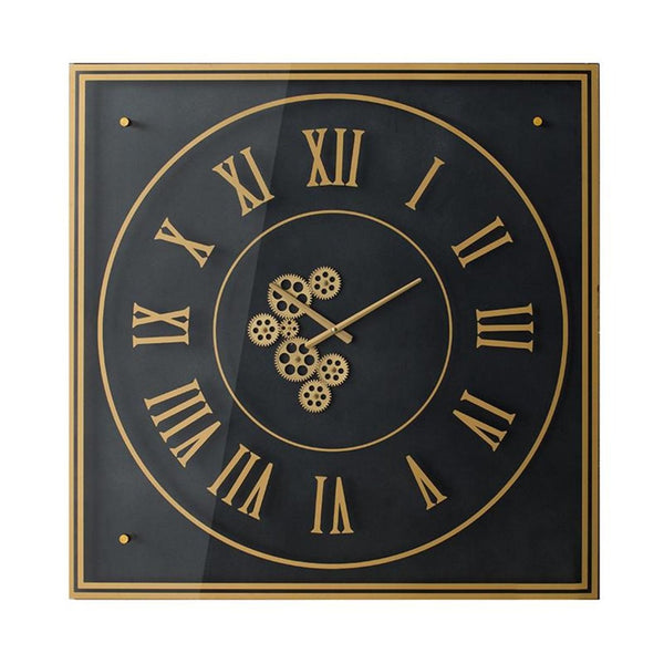 HomeRoots 35" Industrial Black and Gold Square Wall Clock with Exposed Gears - Modern Decor for Any Space 485978