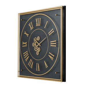 HomeRoots 35" Industrial Black and Gold Square Wall Clock with Exposed Gears - Modern Decor for Any Space 485978