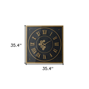 HomeRoots 35" Industrial Black and Gold Square Wall Clock with Exposed Gears - Modern Decor for Any Space 485978