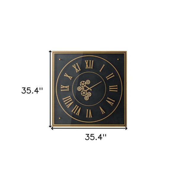 HomeRoots 35" Industrial Black and Gold Square Wall Clock with Exposed Gears - Modern Decor for Any Space 485978