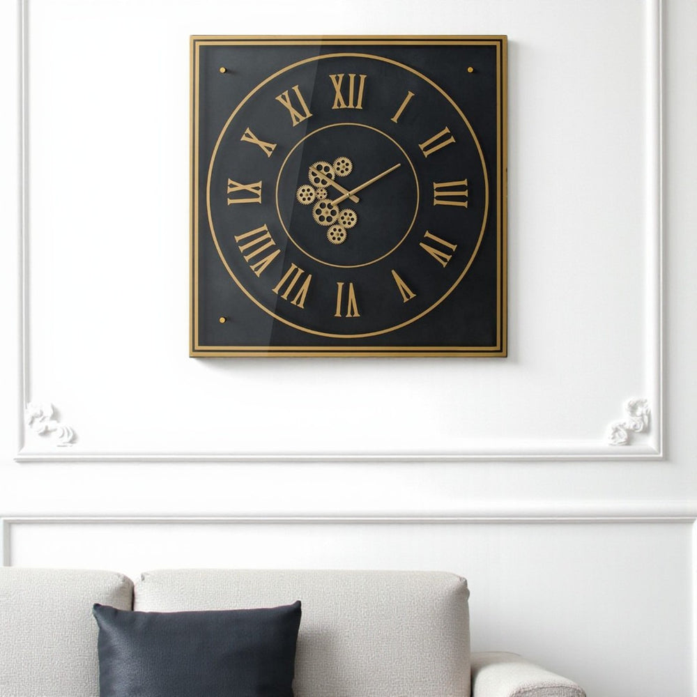 HomeRoots 35" Industrial Black and Gold Square Wall Clock with Exposed Gears - Modern Decor for Any Space 485978