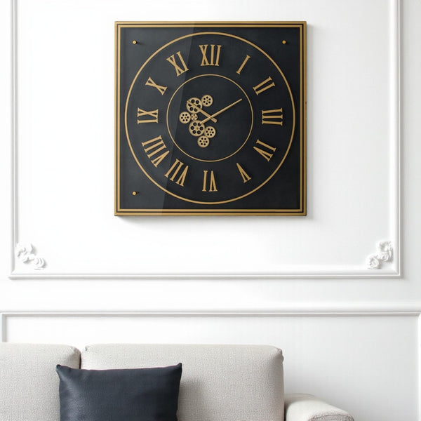 HomeRoots 35" Industrial Black and Gold Square Wall Clock with Exposed Gears - Modern Decor for Any Space 485978