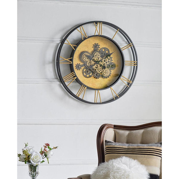 Homeroots 28" Circle Copper Metal And Glass Analog Exposed Gear Wall Clock  Iron 485980