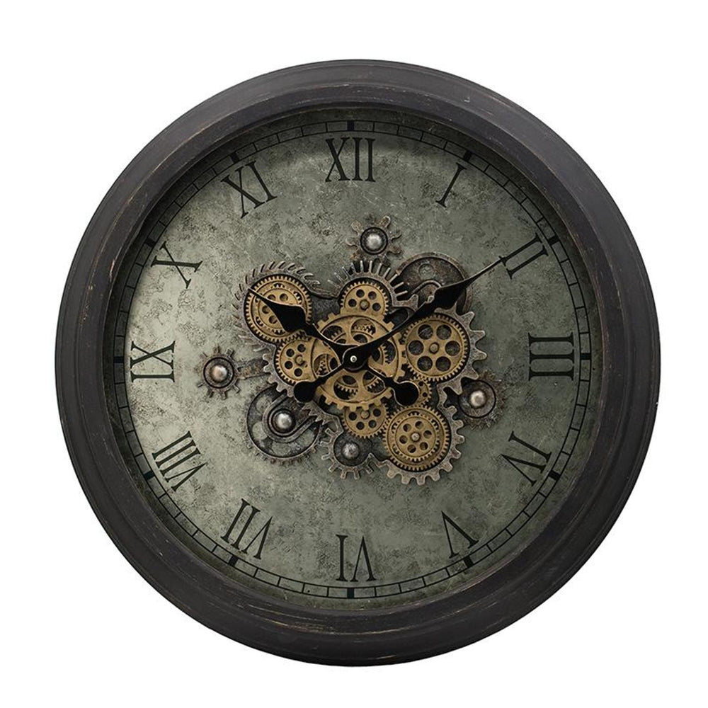 Homeroots 28" Circle Black And Gray Wood And Glass Analog Exposed Gear Wall Clock  Iron 485981