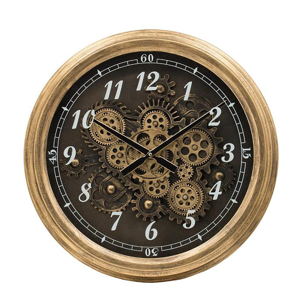 Homeroots 21" Circle Black And Gold Wood And Glass Analog Exposed Gear Wall Clock  Iron 485982