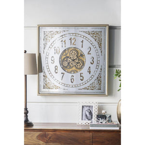 Homeroots 32" Square Gold And Silver Wood And Mirror Analog Exposed Gear Wall Clock  Iron 485983