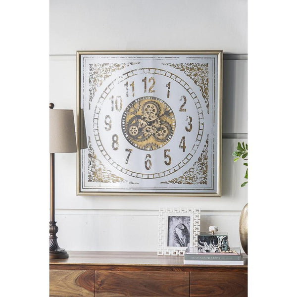 Homeroots 32" Square Gold And Silver Wood And Mirror Analog Exposed Gear Wall Clock  Iron 485983
