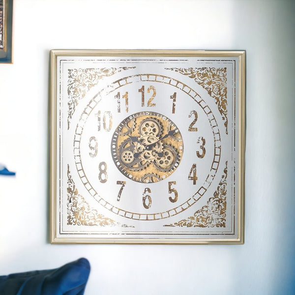 Homeroots 32" Square Gold And Silver Wood And Mirror Analog Exposed Gear Wall Clock  Iron 485983