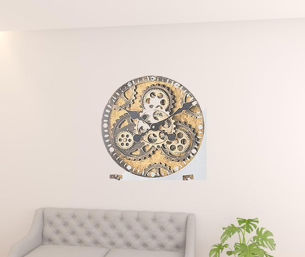 Homeroots 32" Square Gold And Silver Wood And Mirror Analog Exposed Gear Wall Clock  Iron 485983