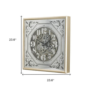 Homeroots 24" Square Gold And Silver Wood And Mirror Exposed Gear Wall Clock  Iron 485984