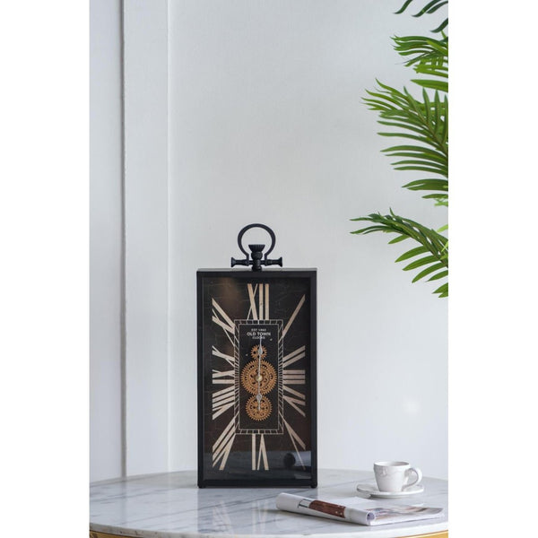 HomeRoots 10" Vintage Black and Gold Metal Glass Wall Clock with Unique Crackle Face and Industrial Charm 485986