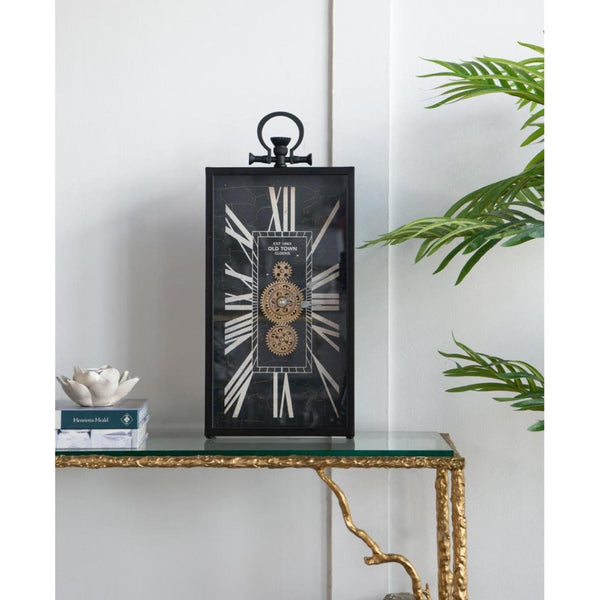HomeRoots 10" Vintage Black and Gold Metal Glass Wall Clock with Unique Crackle Face and Industrial Charm 485986