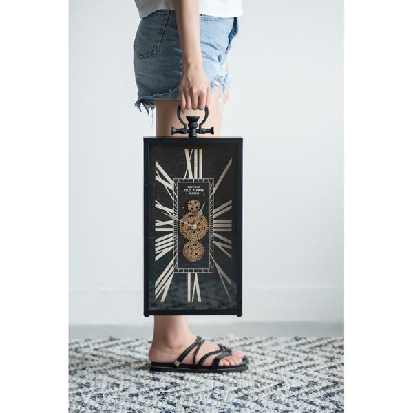 HomeRoots 10" Vintage Black and Gold Metal Glass Wall Clock with Unique Crackle Face and Industrial Charm 485986