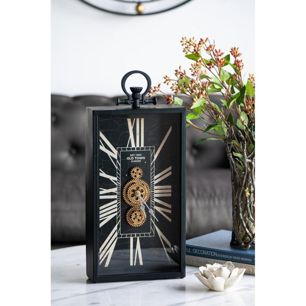 HomeRoots 10" Vintage Black and Gold Metal Glass Wall Clock with Unique Crackle Face and Industrial Charm 485986