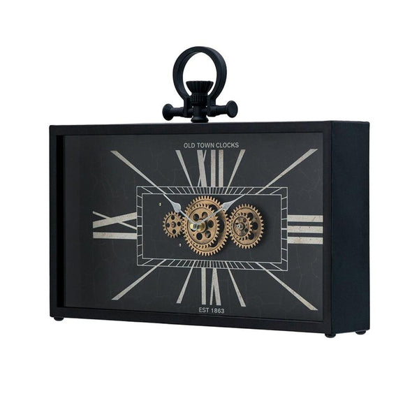 HomeRoots 13" Vintage Black and Gold Analog Wall Clock with Crackle Glass Face and Exposed Gears, 17.7" H 485987