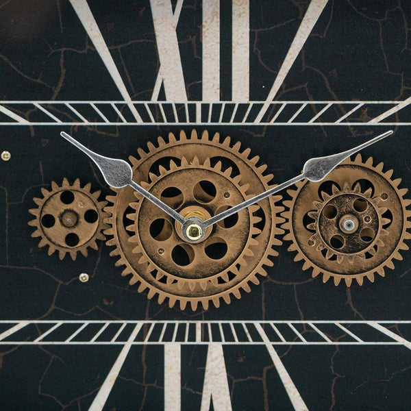 HomeRoots 13" Vintage Black and Gold Analog Wall Clock with Crackle Glass Face and Exposed Gears, 17.7" H 485987
