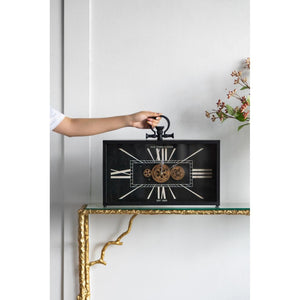 HomeRoots 13" Vintage Black and Gold Analog Wall Clock with Crackle Glass Face and Exposed Gears, 17.7" H 485987