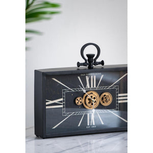 HomeRoots 13" Vintage Black and Gold Analog Wall Clock with Crackle Glass Face and Exposed Gears, 17.7" H 485987