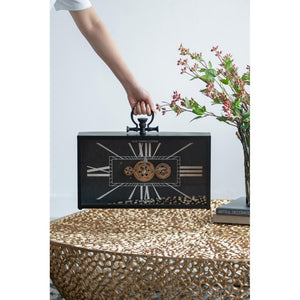 HomeRoots 13" Vintage Black and Gold Analog Wall Clock with Crackle Glass Face and Exposed Gears, 17.7" H 485987