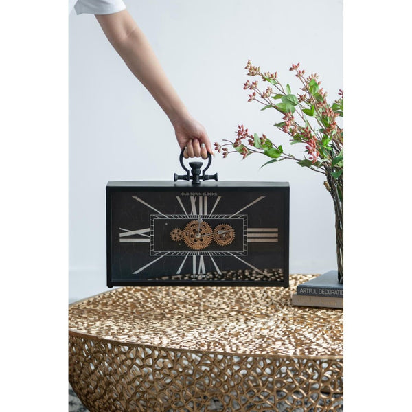 HomeRoots 13" Vintage Black and Gold Analog Wall Clock with Crackle Glass Face and Exposed Gears, 17.7" H 485987