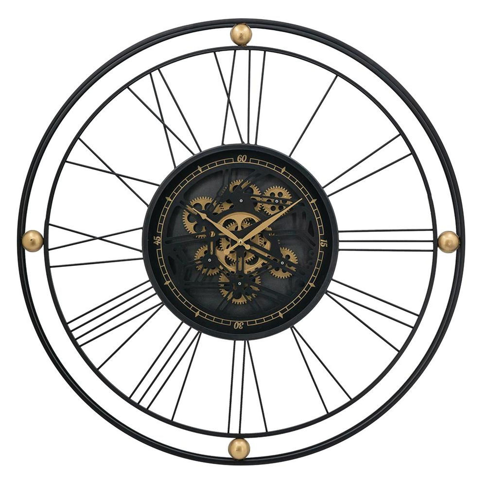 Homeroots 32" Circle Black And Gold Metal And Glass Analog Exposed Gear Wall Clock  Iron 485988