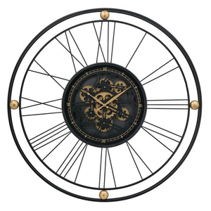 Homeroots 32" Circle Black And Gold Metal And Glass Analog Exposed Gear Wall Clock  Iron 485988