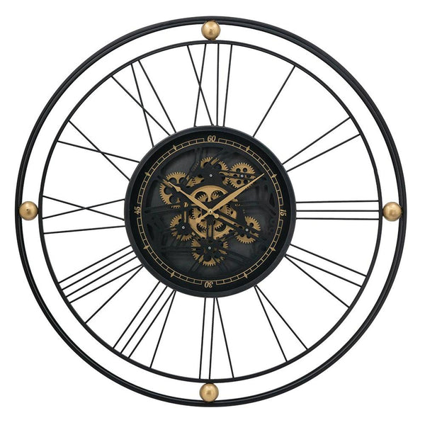 Homeroots 32" Circle Black And Gold Metal And Glass Analog Exposed Gear Wall Clock  Iron 485988