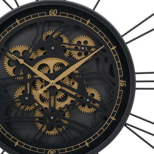 Homeroots 32" Circle Black And Gold Metal And Glass Analog Exposed Gear Wall Clock  Iron 485988