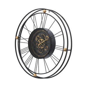 Homeroots 32" Circle Black And Gold Metal And Glass Analog Exposed Gear Wall Clock  Iron 485988